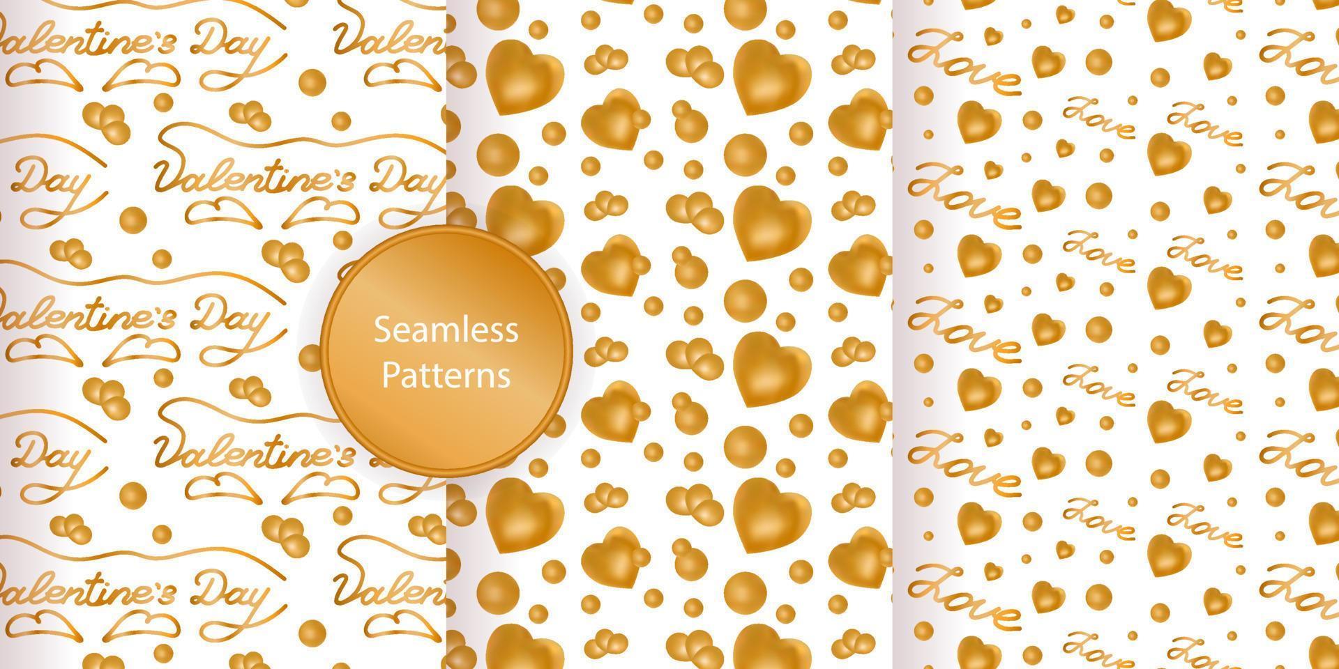 Set seamless pattern Valentines day. Golden color. Heart, inscription, love. Vector illustration.