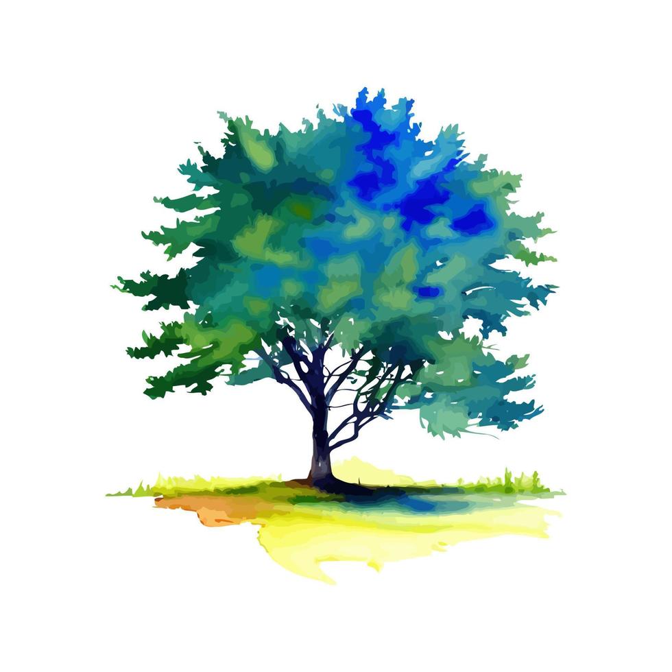 Lush Green Blue Watercolor Country Tree vector