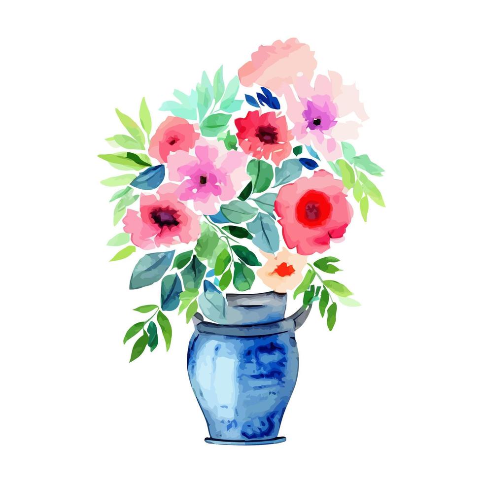 Mixed Watercolor Flowers in a Blue Pot vector