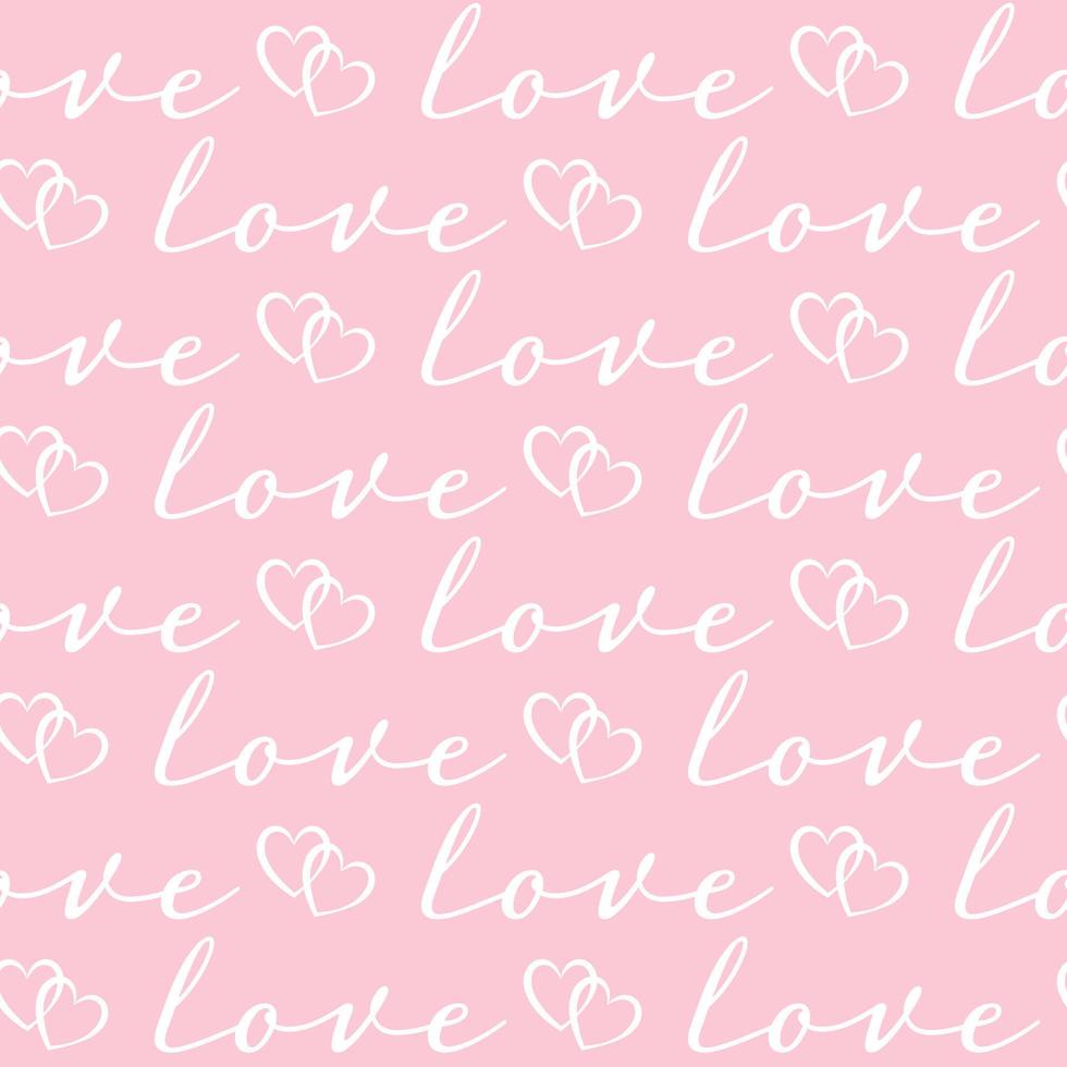 Seamless pattern of hand drawn love words and hearts on pink background. Design for Valentines Day, wedding and mothers day celebration, greeting card, home decor, wrapping paper, scrapbooking. vector