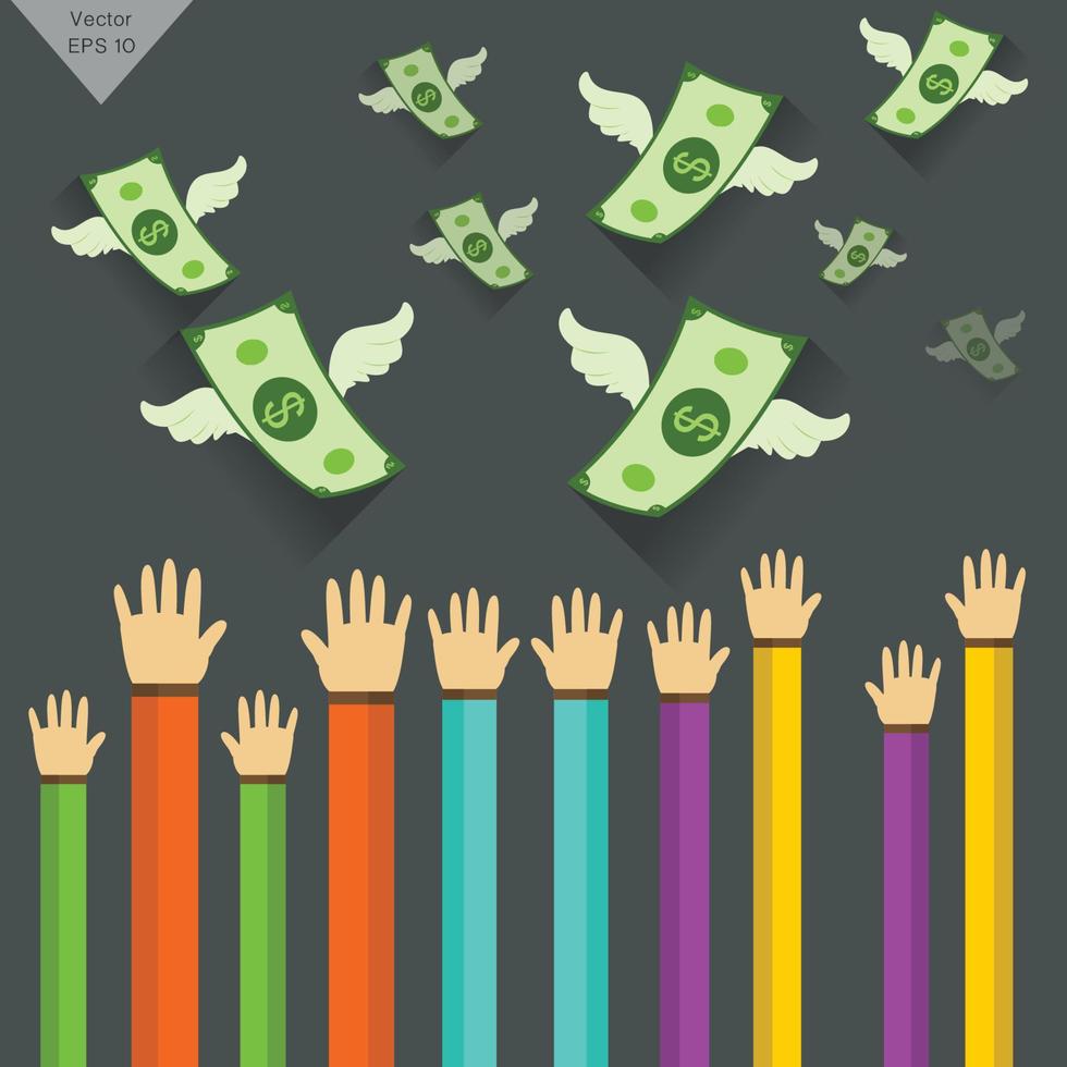 Hand and  Money  object illustration with wings flying vector