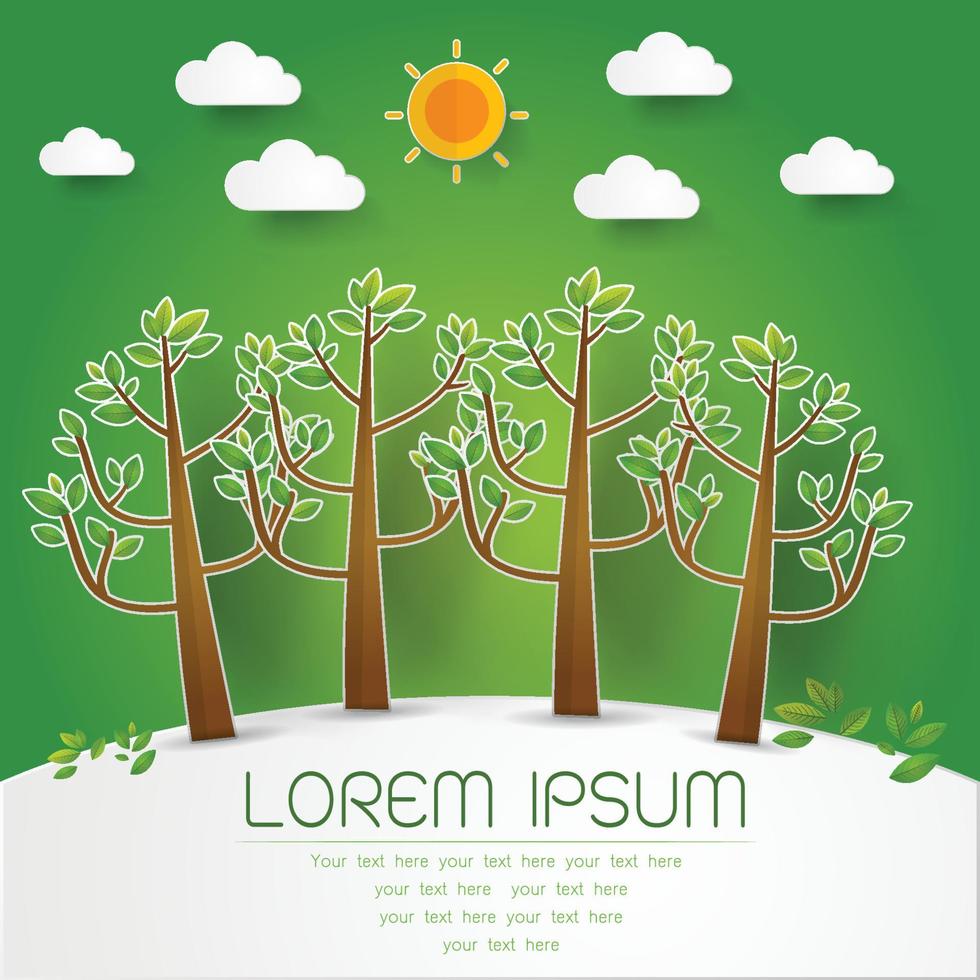 template Set of Green Forest, trees and bushes pop up paper cut style vector