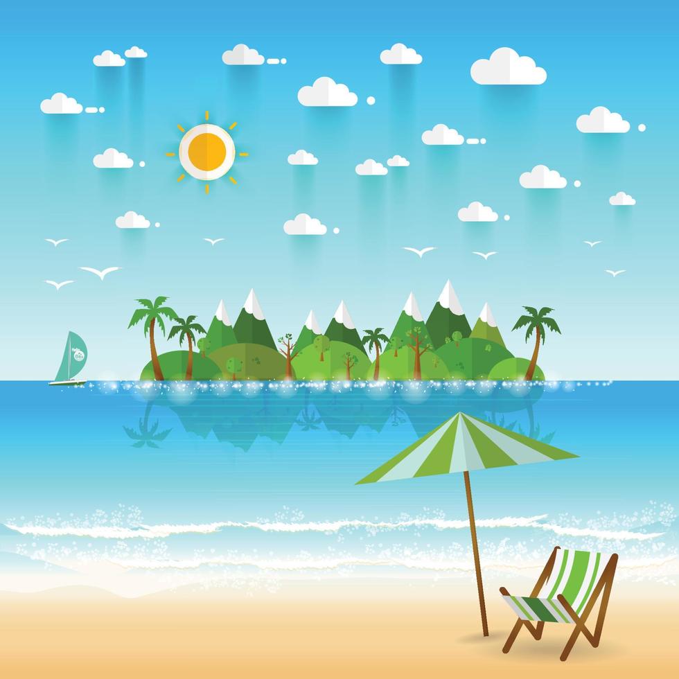 paisaje de la costa del paraíso con montañas. concepto de vacaciones de campamento de verano en estilo plano vector