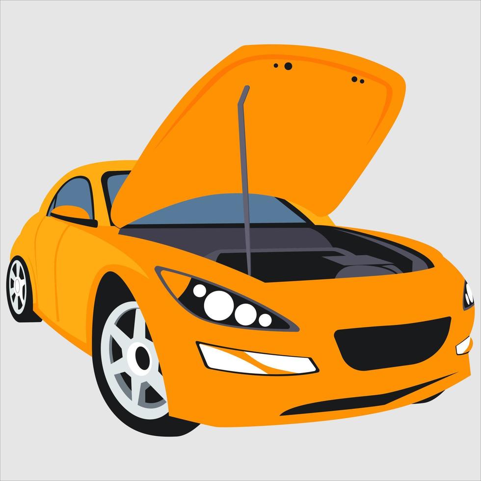 parte del capó del coche. coche amarillo aparcado con el capó abierto. tipo de vehículo suv para reparaciones o mantenimiento. vector