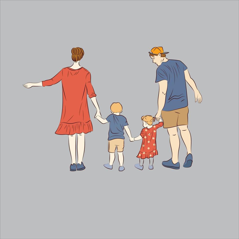 retrato de una familia feliz en un paseo por padres e hijos. mamá y papá caminan con su hijo y su hija. la gente sonríe. concepto de amor y valores familiares. visto desde atrás vector