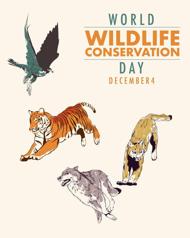 día mundial de la vida silvestre con animales en el bosque. animales salvajes, tigres, lobos, leones y águilas vector