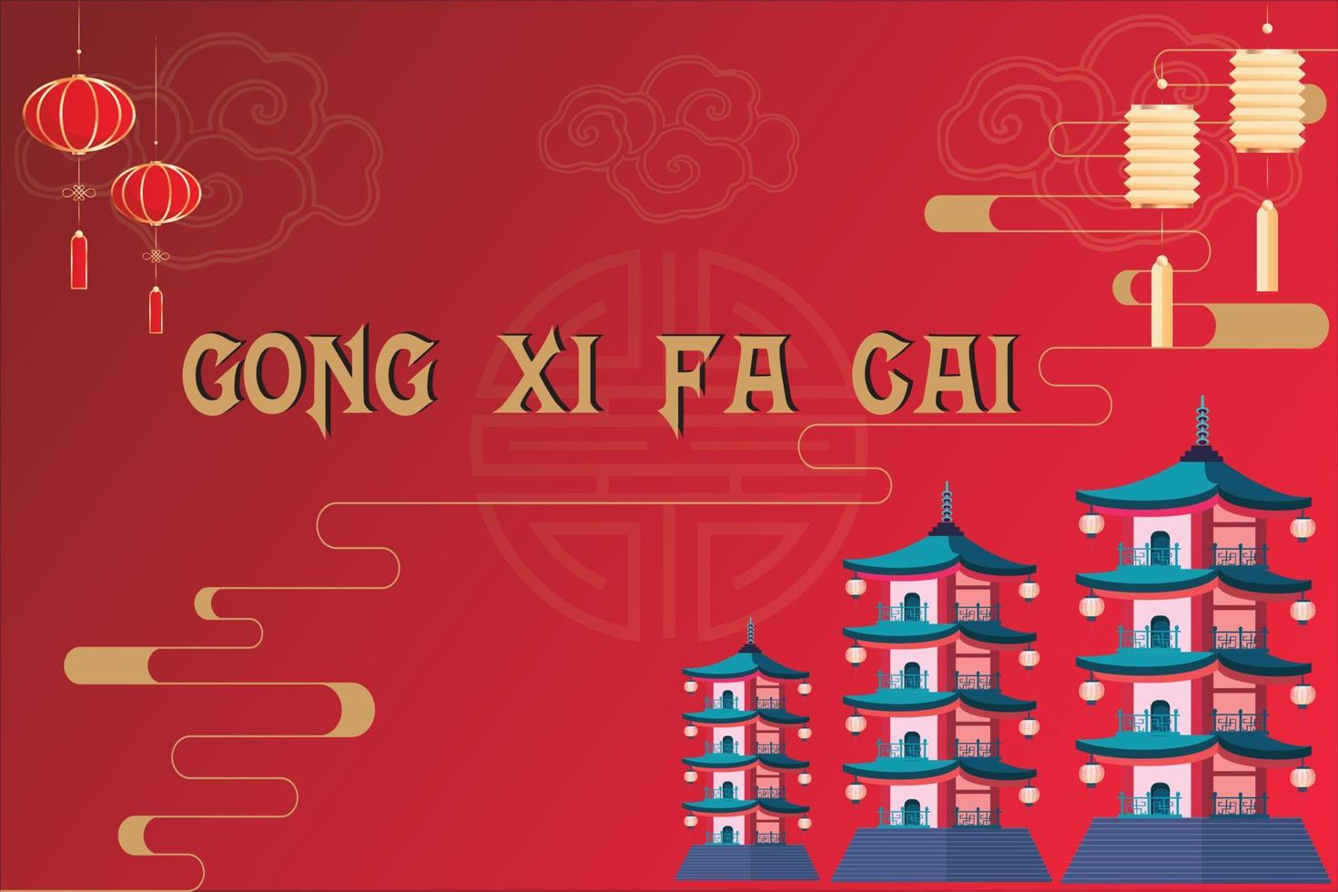 Happy Chinese New Year 2023,  Gong xi fa cai and pagodas. Year of The RABBIT, Chinese Zodiac. vector