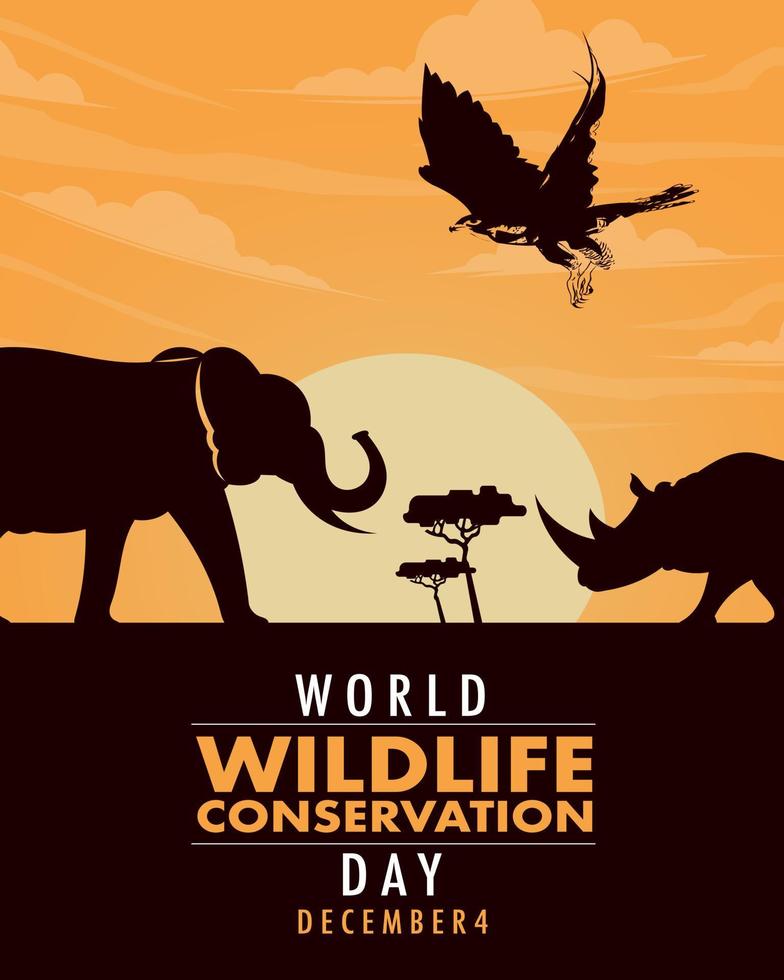 World Wildlife Day with animals in the forest. elephants, rhinos and eagles in the evening sunset vector