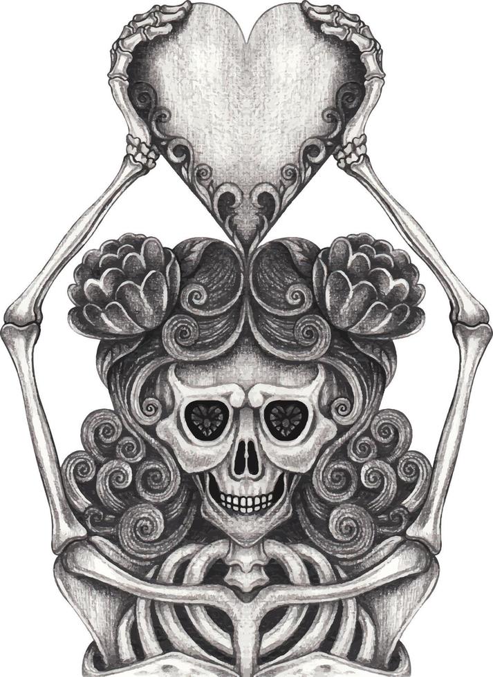 Art fancy in love woman skull.Hand drawing and make graphic vector. vector