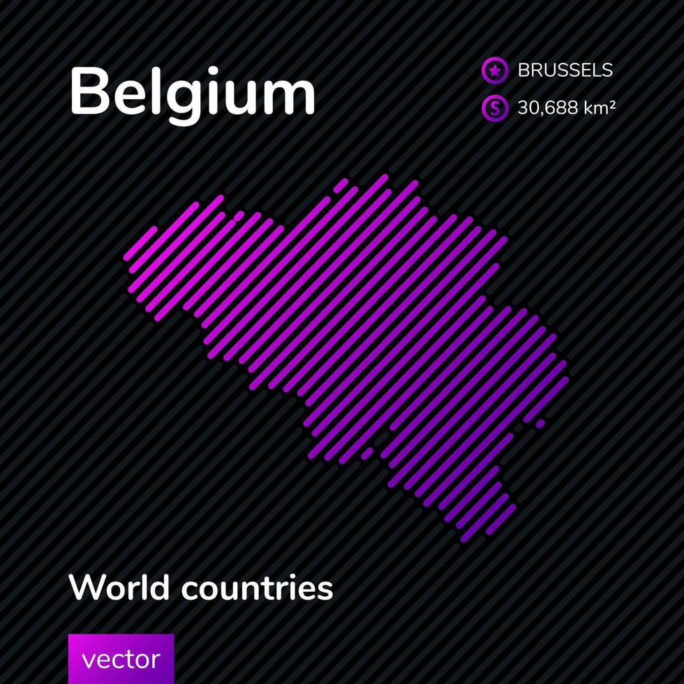Vector abstract map of Belgium with violet striped texture and striped dark background