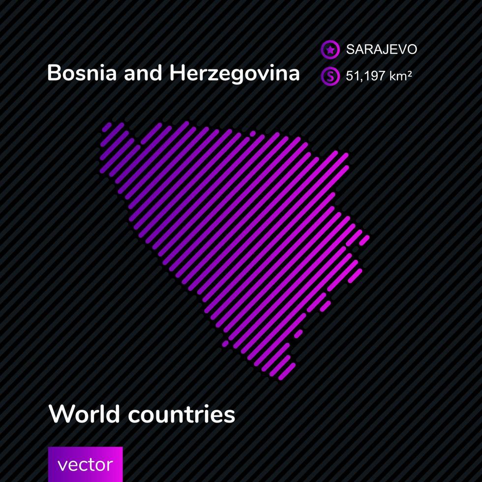 Vector abstract map of Bosnia and Herzegovina with violet striped texture and striped dark background