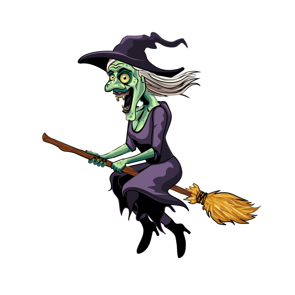 Witch flying on a broomstick. halloween cartoon. png