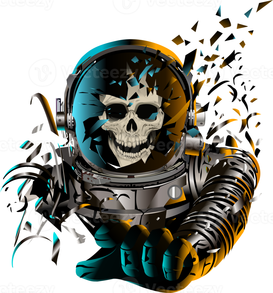 Astronautenschädel mit kaputtem Helm, Horrorplakat. Galaxisreisender. toter astronaut im weltraum. zersplitterter Helm png