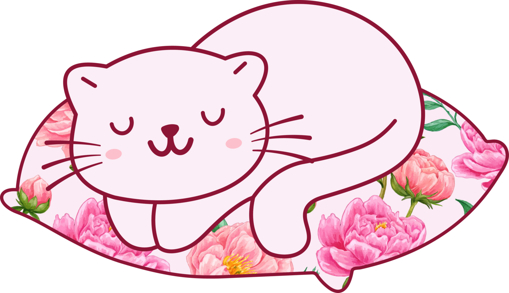 Cute cat sleeping on a colorful pillow hand drawn cartoon animal character. Cartoon character design png