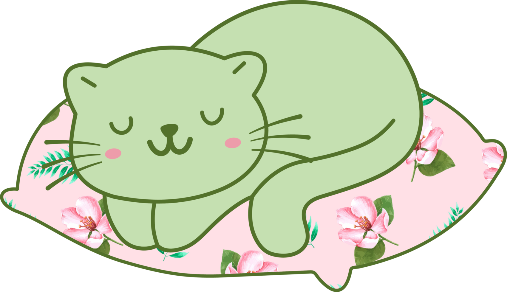 Cute cat sleeping on a colorful pillow hand drawn cartoon animal character. Cartoon character design png