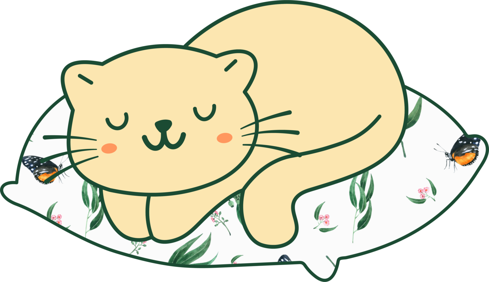 Cute cat sleeping on a colorful pillow hand drawn cartoon animal character. Cartoon character design png