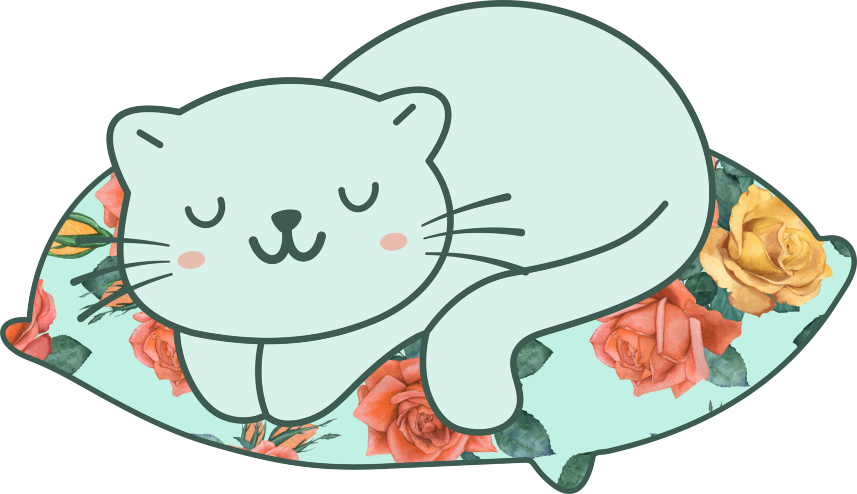 lindo gato durmiendo en una almohada colorida personaje animal de dibujos animados dibujados a mano. diseño de personajes de dibujos animados png