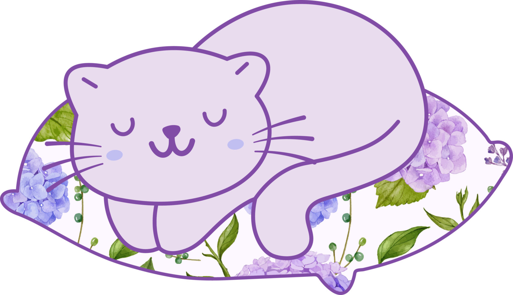 Cute cat sleeping on a colorful pillow hand drawn cartoon animal character. Cartoon character design png