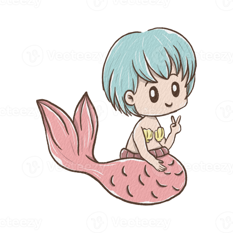 Sweet Short Blue Hair Mermaid Girl with Pink Tail. Digital paint watercolor style with paper texture. Decoration for any design. Illustration about Marine Life. png