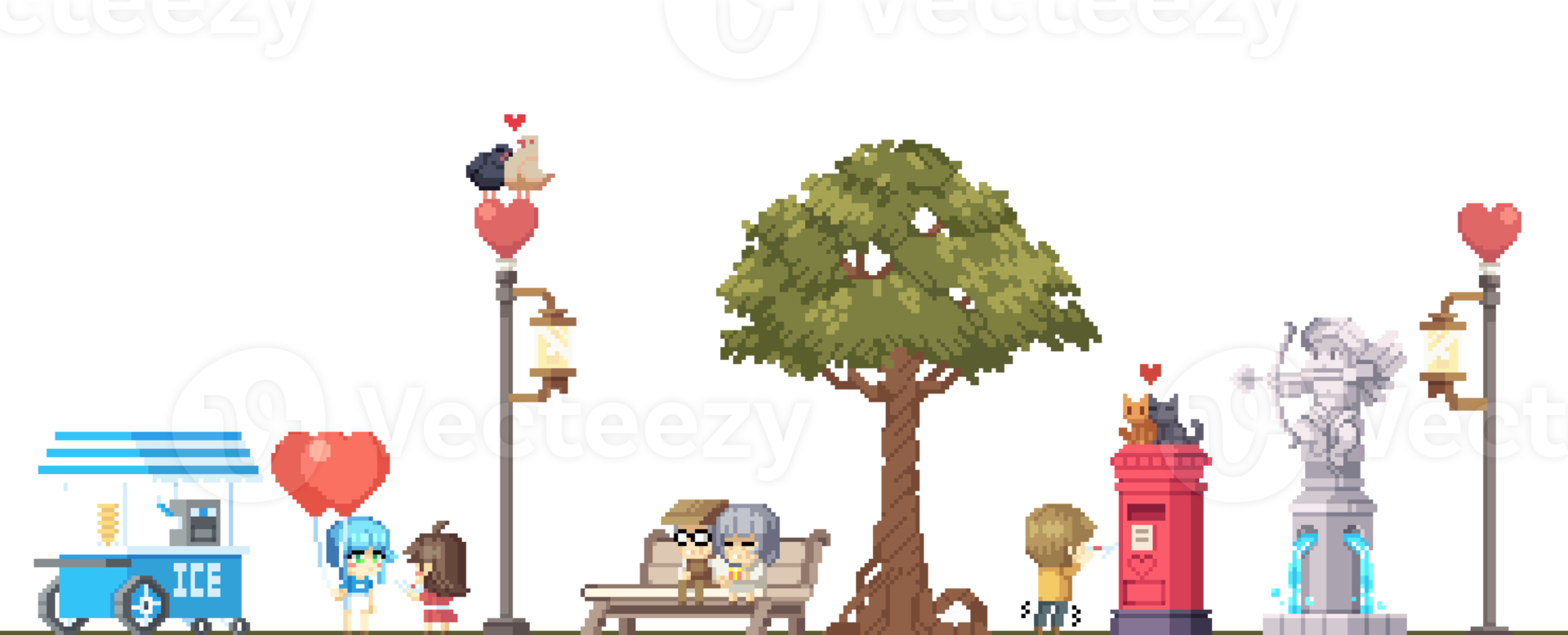Pixel valentine's day. Street with decorations for Valentine's Day. Pixel park with people and animals. png