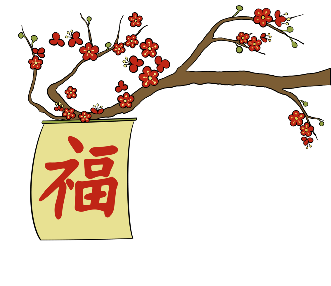 The Chinese characters are synonymous with happiness, used as a blessing and greetings on the Chinese New Year, Red flower and tall tree behind. png