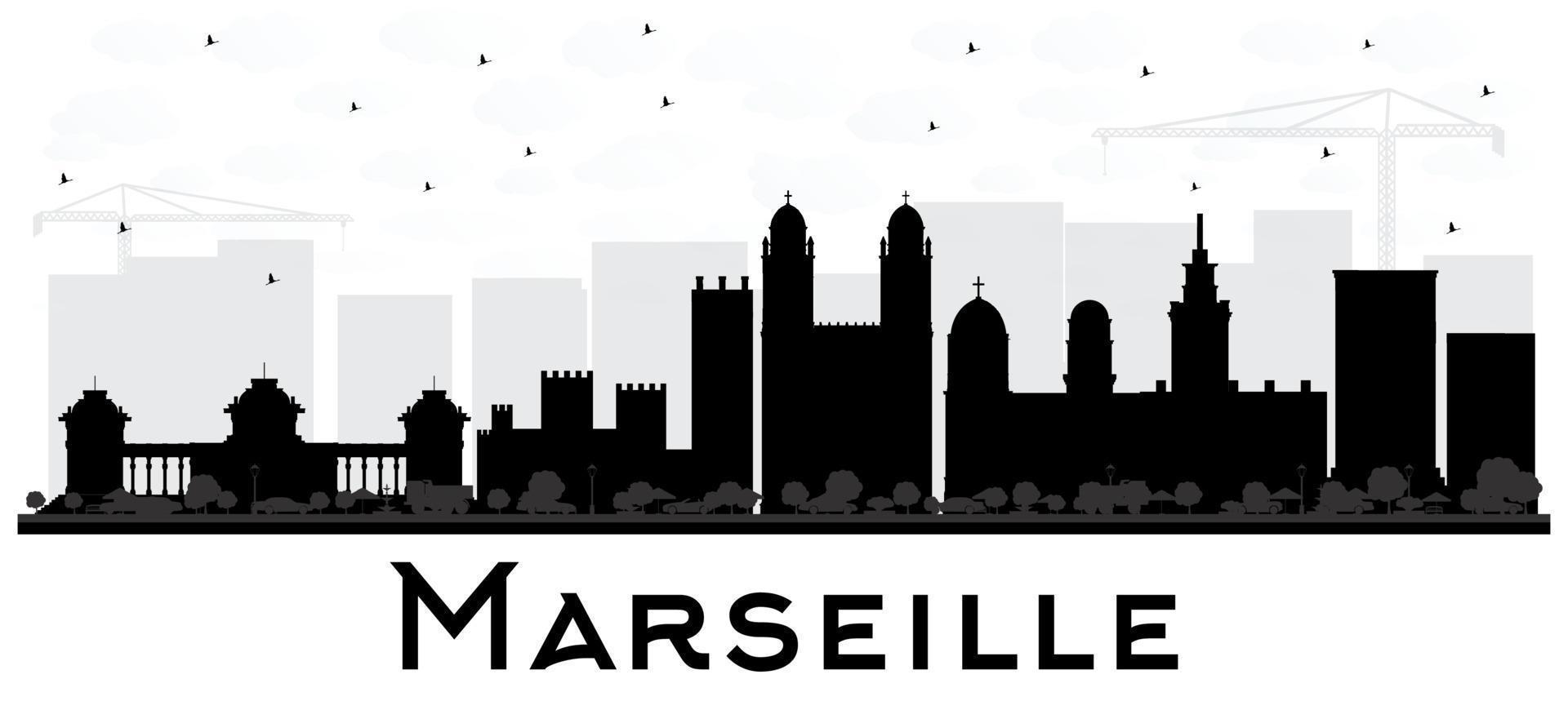 silueta en blanco y negro del horizonte de la ciudad de marsella francia. vector