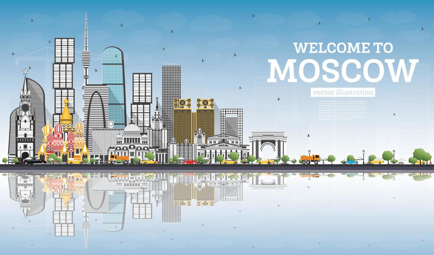 Welcome to Moscow Russia Skyline with Gray Buildings, Blue Sky and Reflections. vector