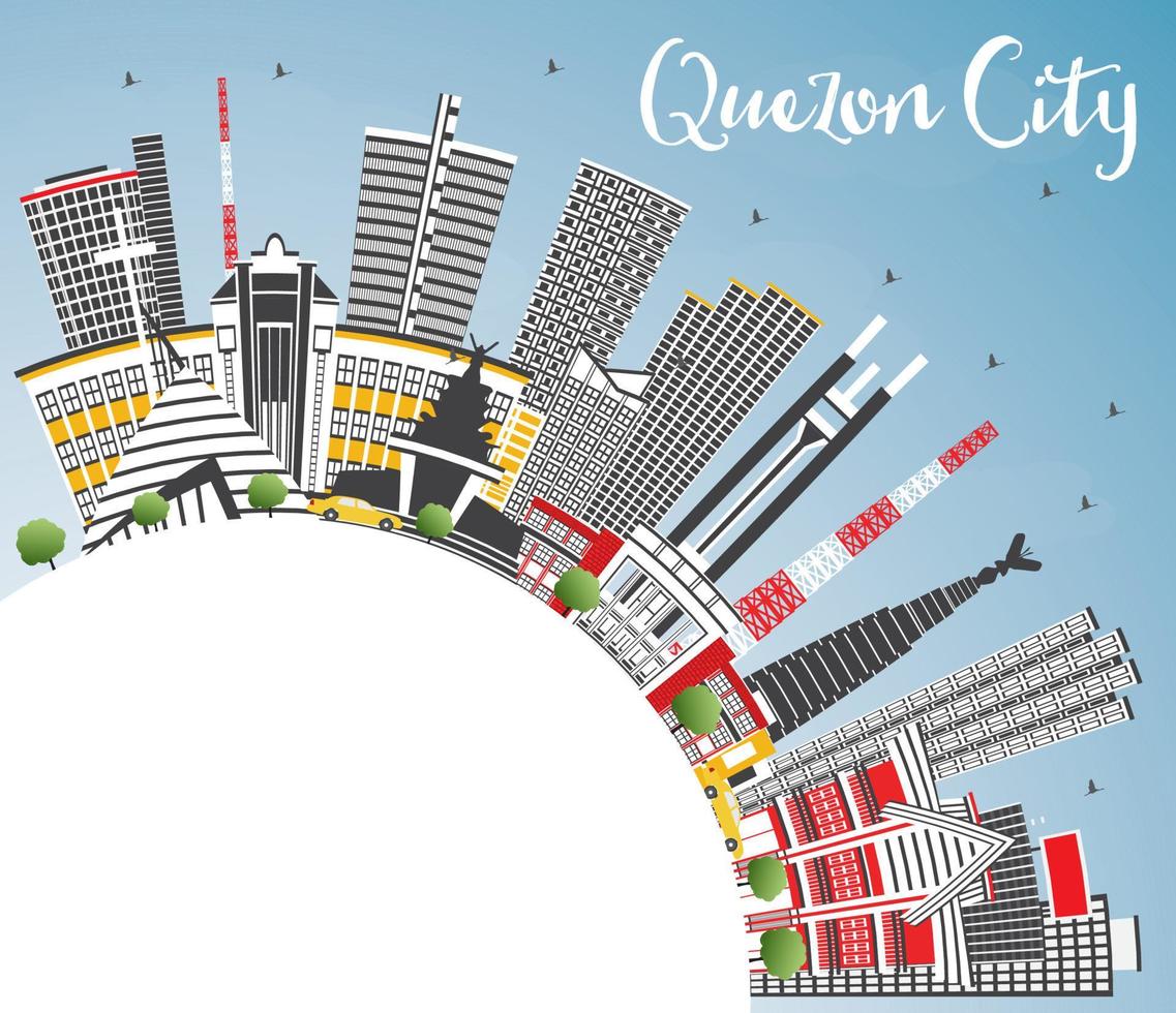 el horizonte de la ciudad de quezón, filipinas, con edificios grises, cielo azul y espacio para copiar. vector