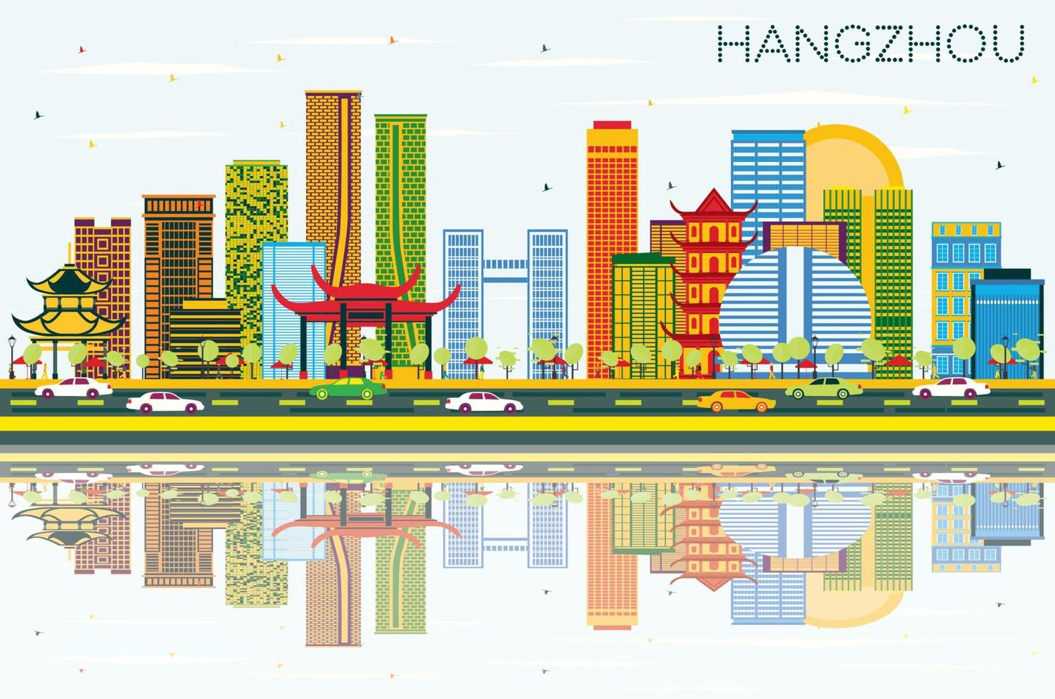 Hangzhou China Skyline with Color Buildings, Blue Sky and Reflections. vector