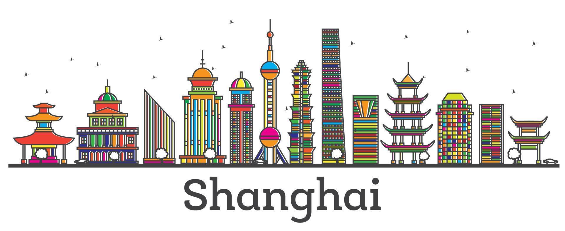 delinear el horizonte de la ciudad de shanghai china con edificios modernos aislados en blanco. vector