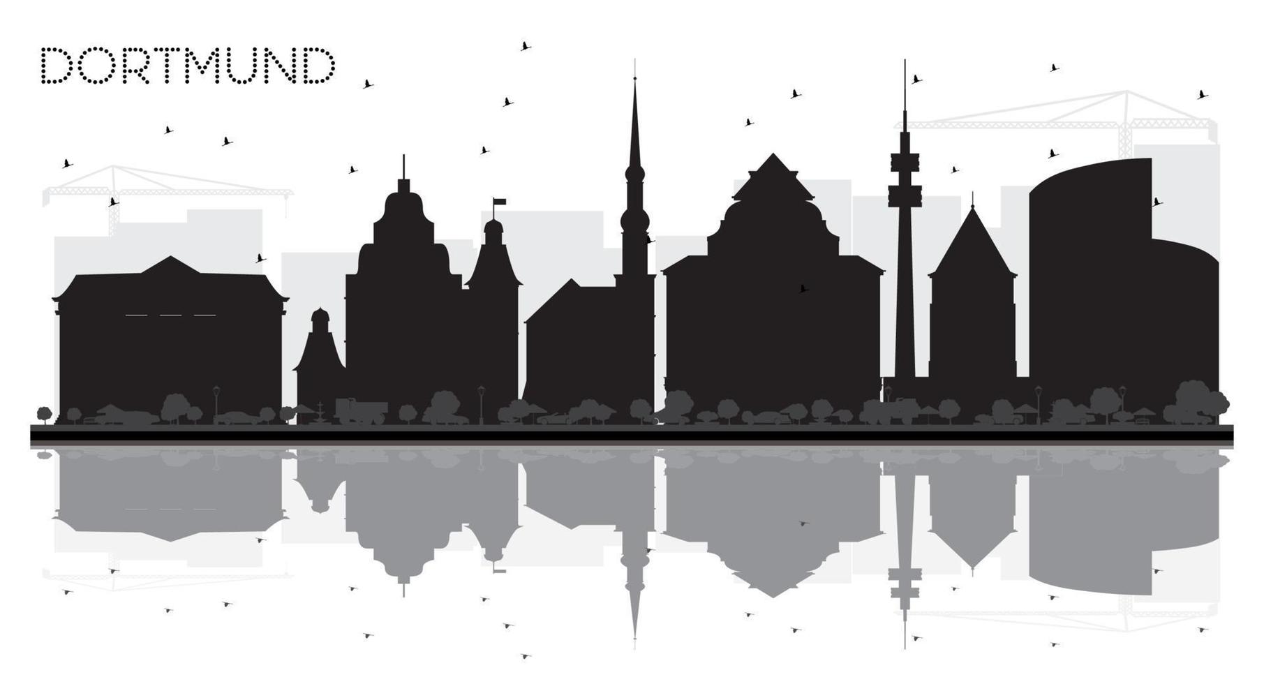 Dortmund Germany City Skyline Black and White Silhouette with Reflections. vector