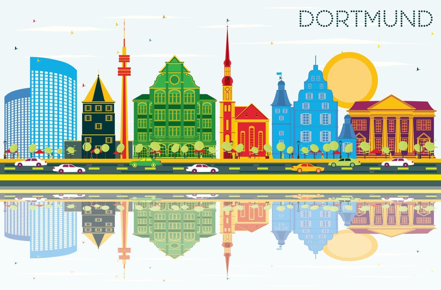 horizonte de la ciudad de dortmund alemania con edificios de color, cielo azul y reflejos. vector