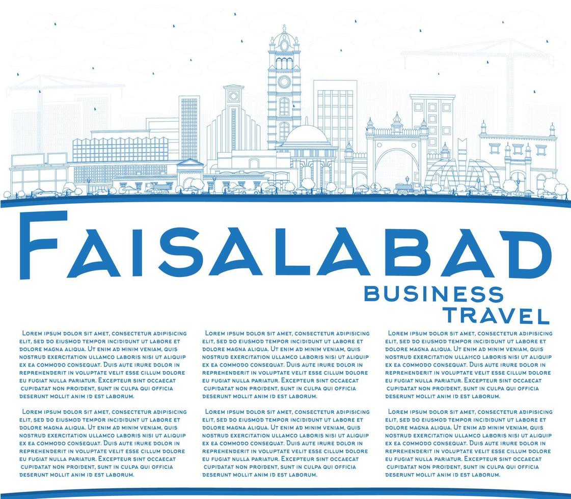 Outline Faisalabad Pakistan City Skyline with Blue Buildings and Copy Space. vector