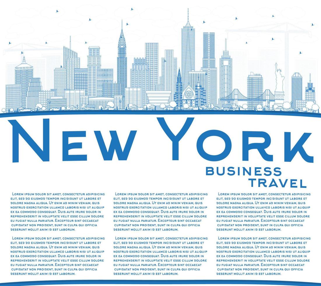 Outline New York USA City Skyline with Blue Buildings and Copy Space. vector