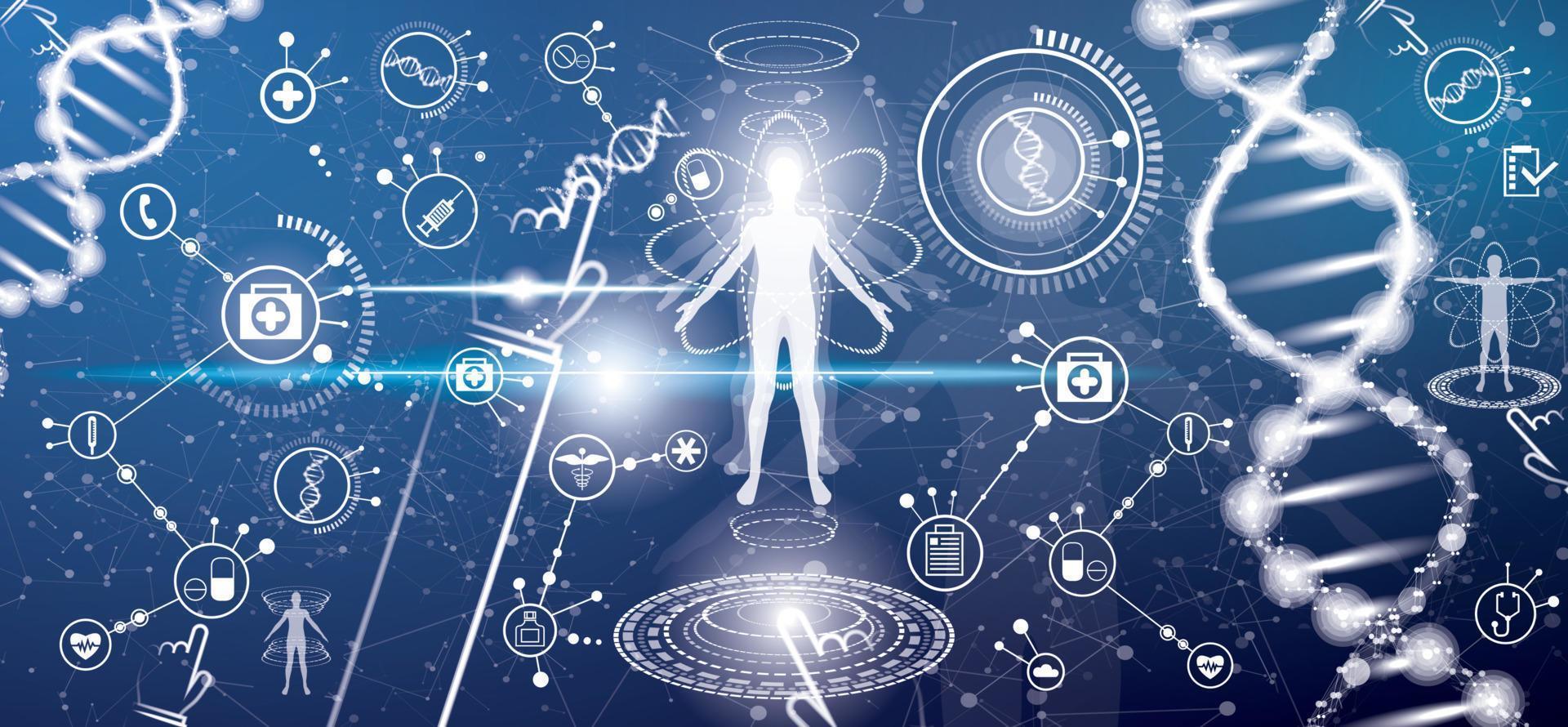 Futuristic Medical Health Concept with Human Body and DNA Molecule Structure. vector