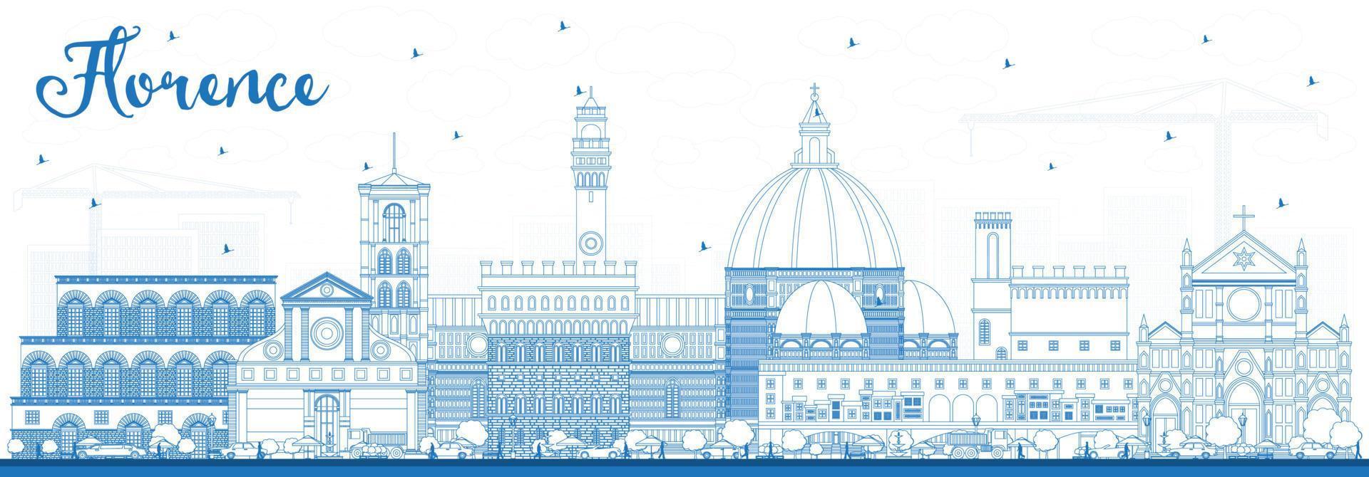 Outline Florence Italy City Skyline with Blue Buildings. vector