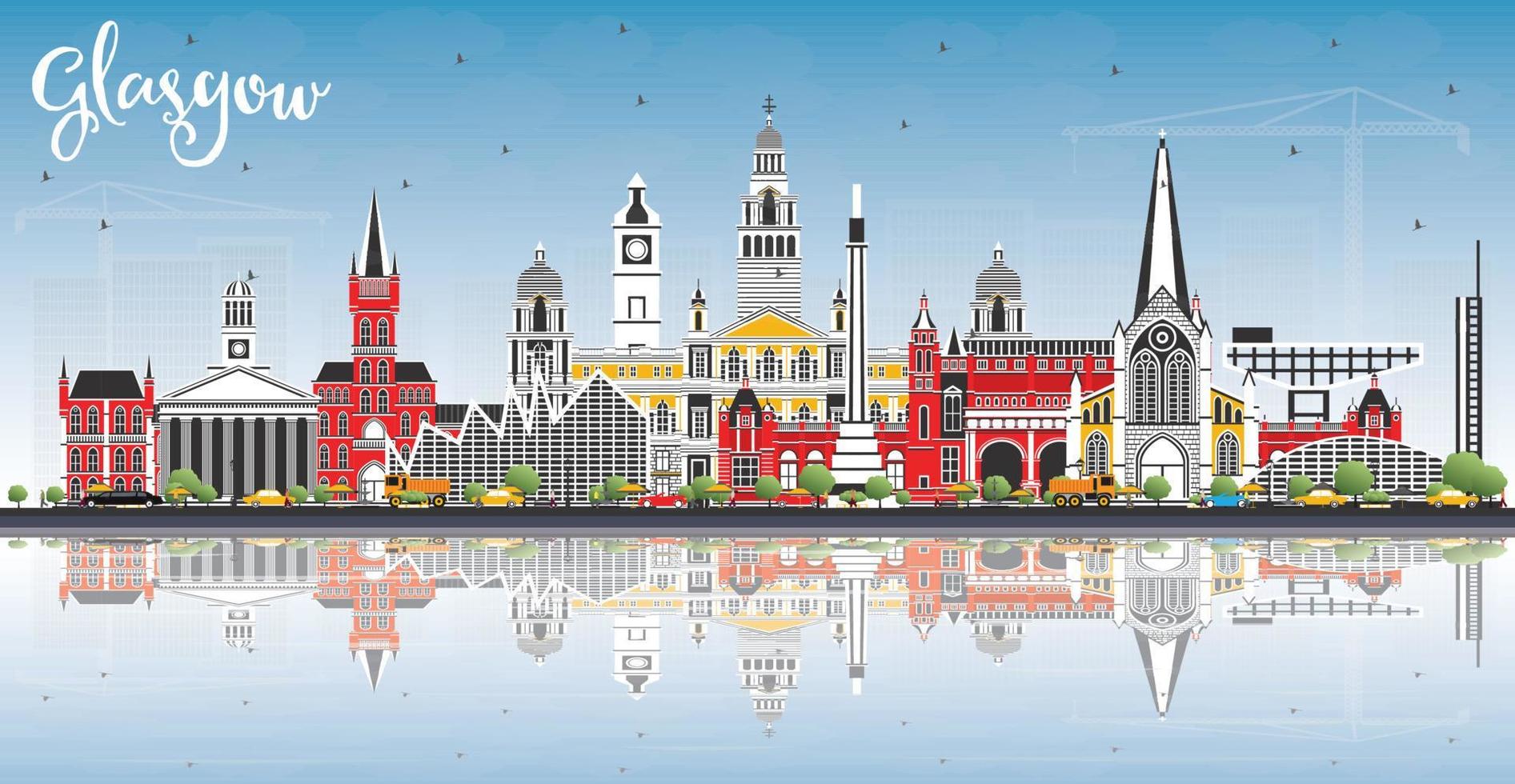 Glasgow Scotland City Skyline with Color Buildings, Blue Sky and Reflections. vector