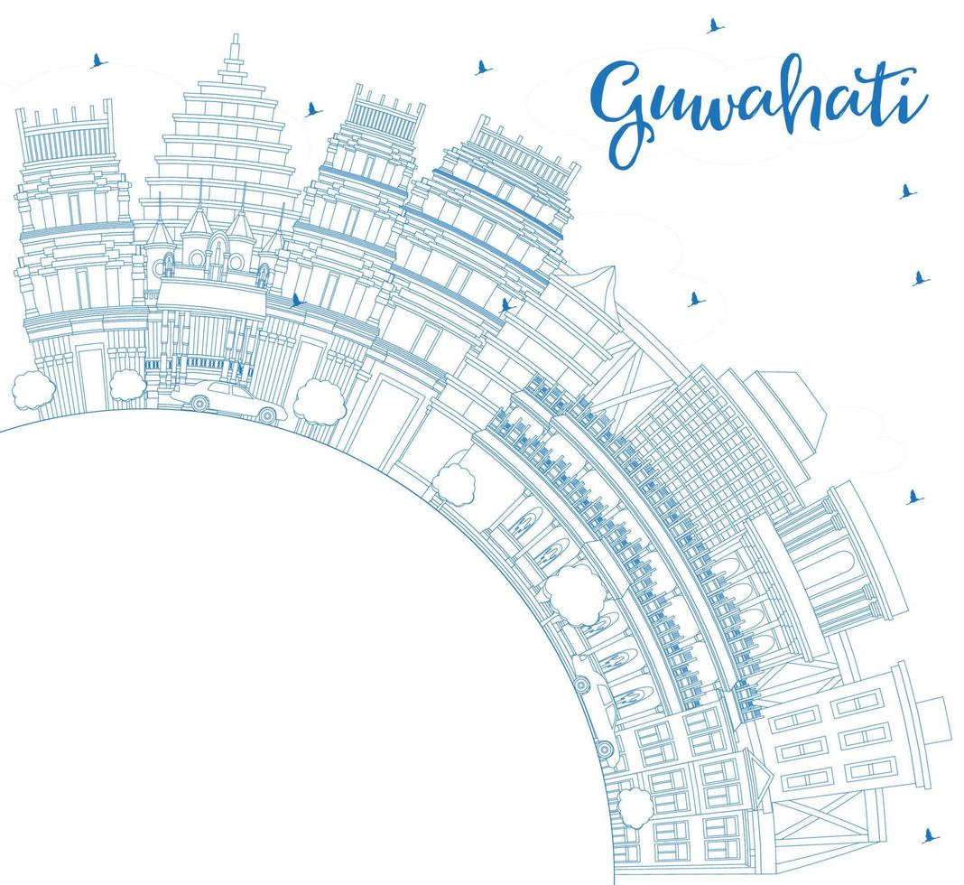 Outline Guwahati India City Skyline with Blue Buildings and Copy Space. vector