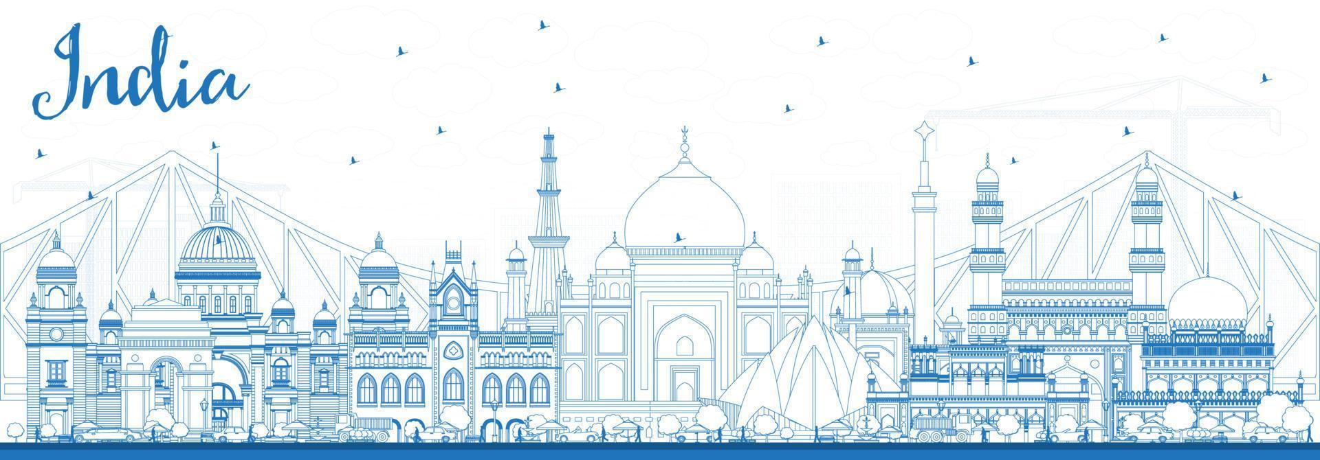 Outline India City Skyline with Blue Buildings. vector