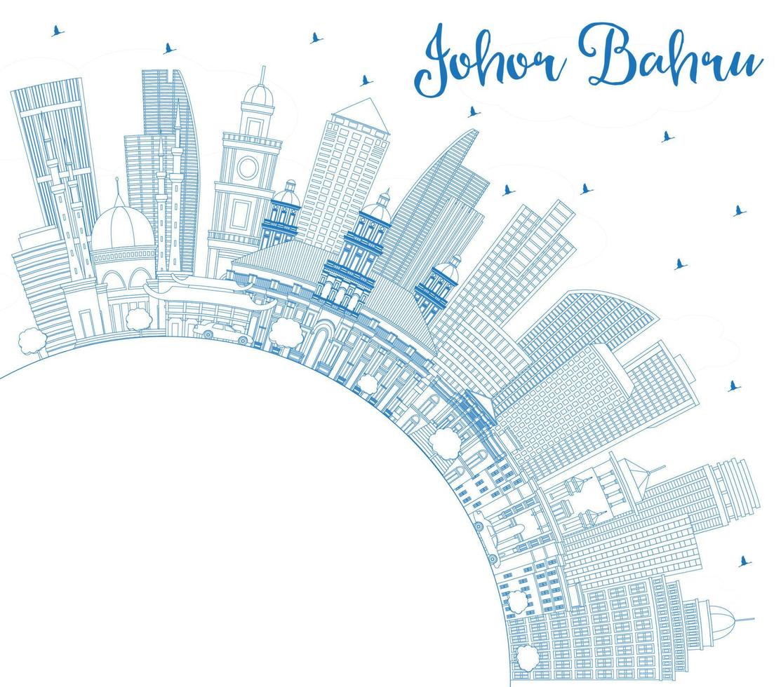 Outline Johor Bahru Malaysia Skyline with Blue Buildings and Copy Space. vector