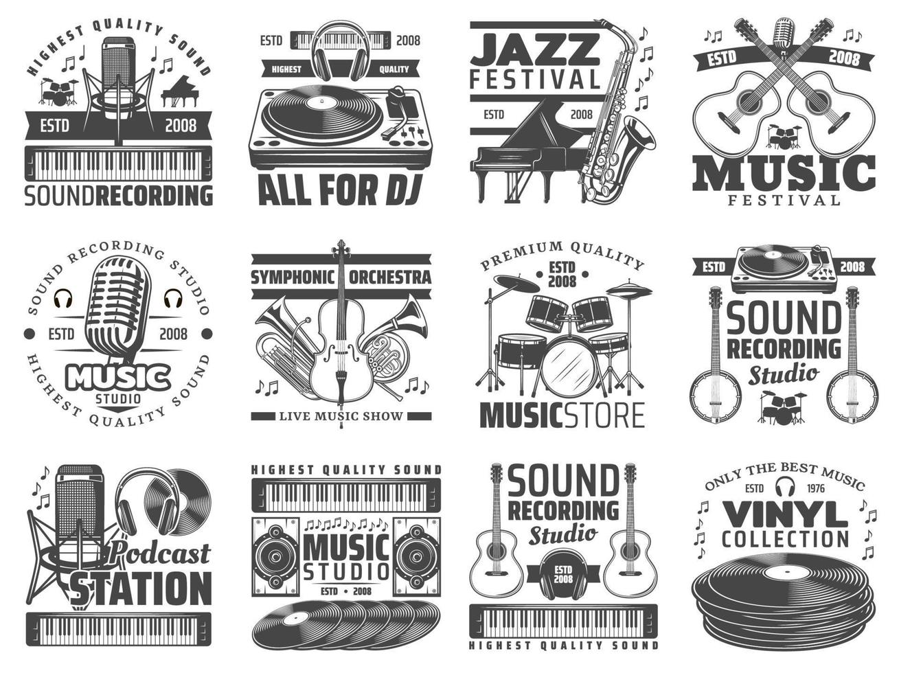 Music store, DJ sound recording studio icons vector