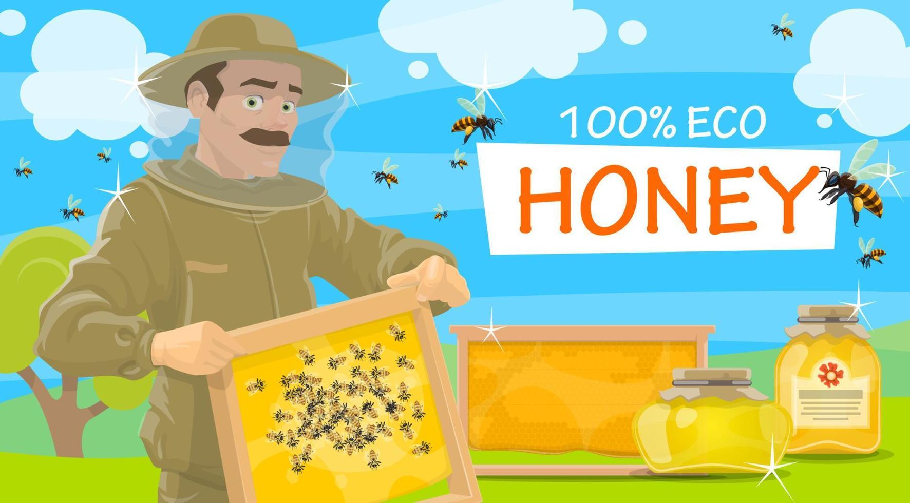 Beekeeper offers natural honey, vector