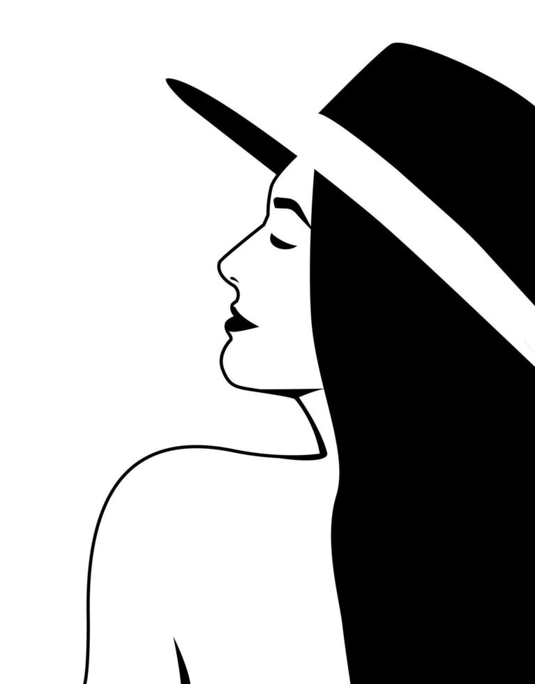 Young girl in a vintage hat with large fields and long hair. Vector illustration black and white art.