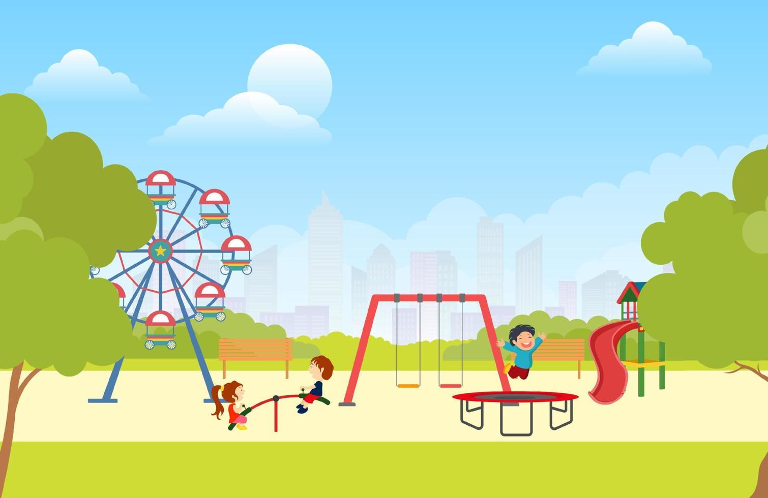 niños jugando juegos y deportes en la ilustración de vector de parque.