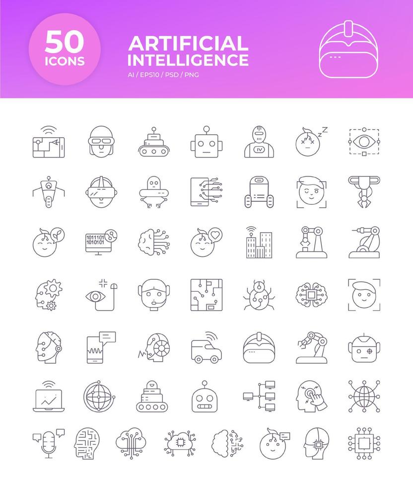 artificial intelligence icon set in line style, machine learning, smart robotic and cloud computing network digital AI technology internet, solving, algorithm, vector illustration