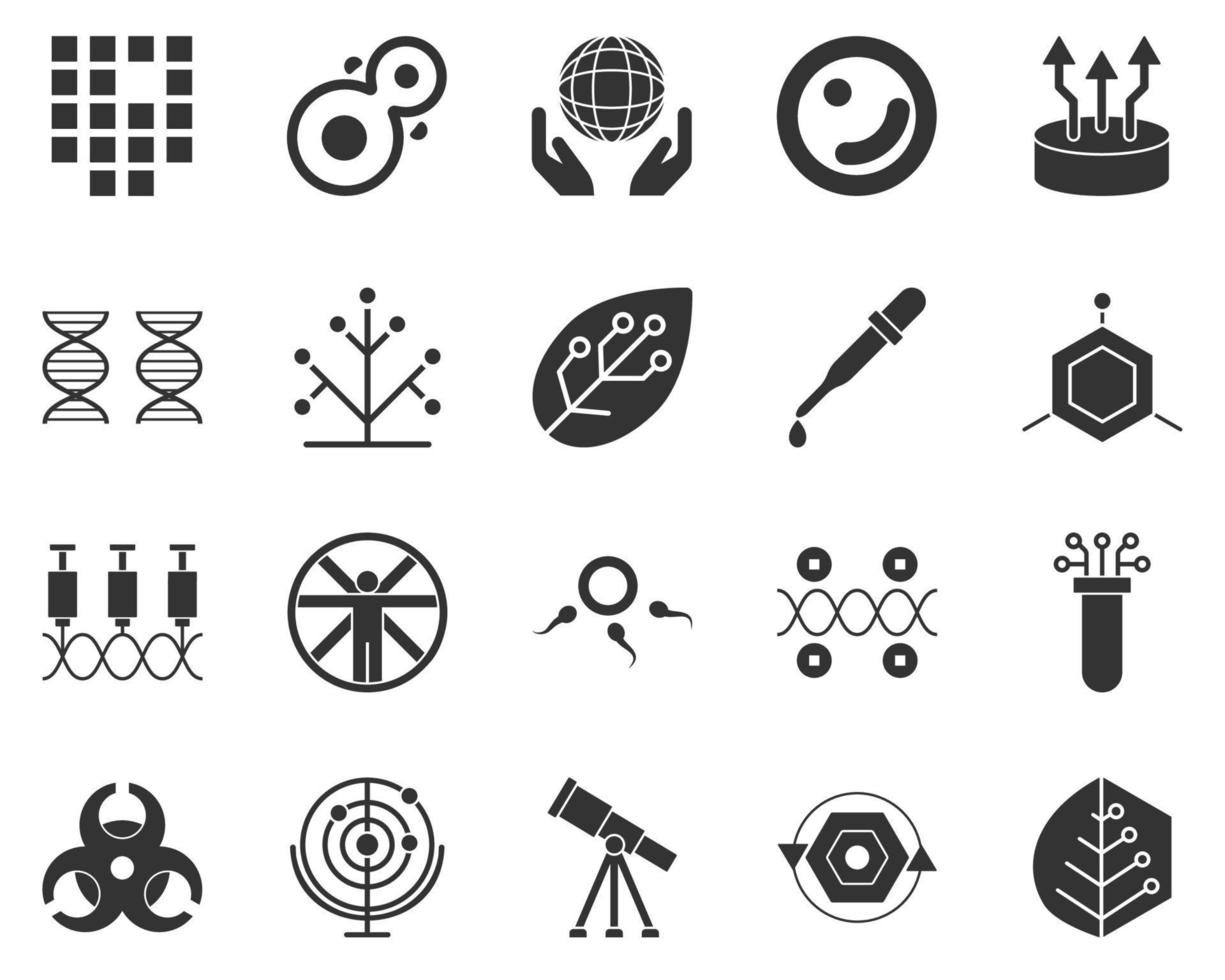 Symbiosis, smart, biology. Bioengineering glyph icons set. Biotechnology for health, researching, materials creating. Molecular biology, biomedical and molecular engineering . vector