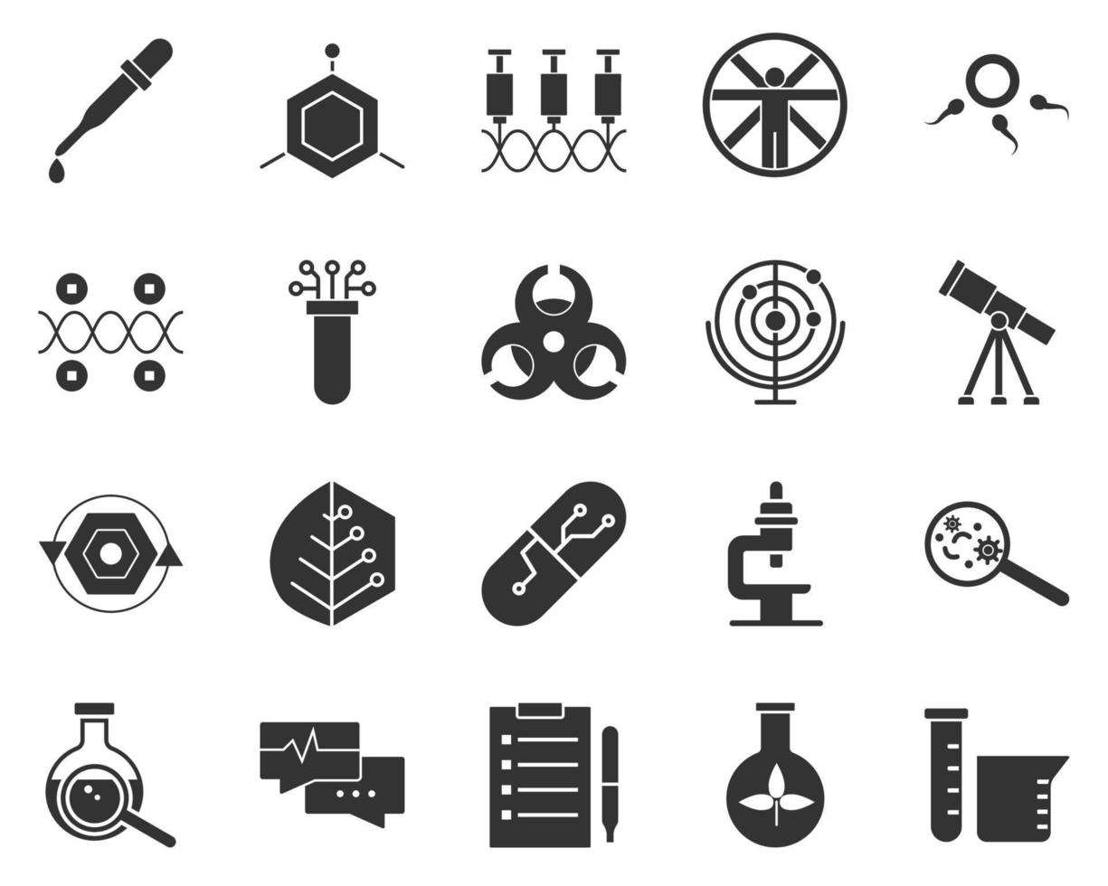 Laboratory, flask. Bioengineering glyph icons set. Biotechnology for health, researching, materials creating. Molecular biology, biomedical and molecular engineering . vector