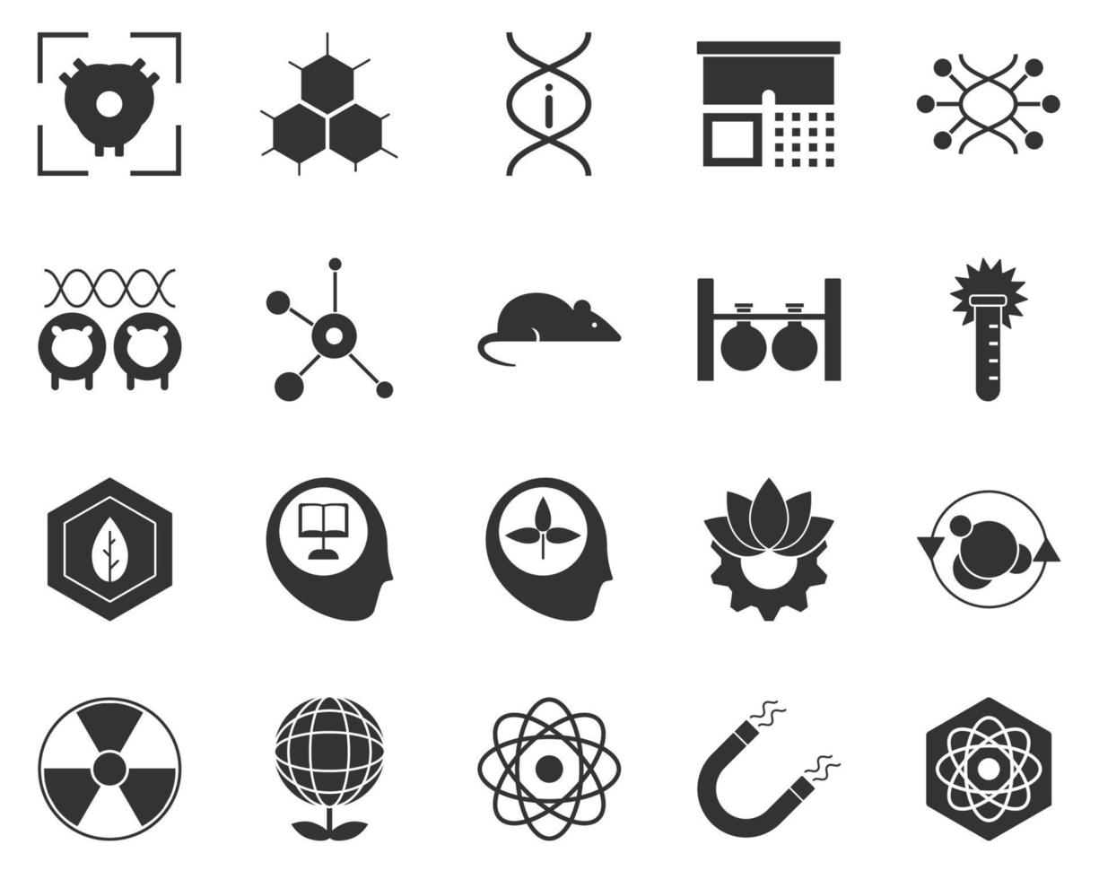 Biotechnology, atom. Bioengineering glyph icons set. Biotechnology for health, researching, materials creating. Molecular biology, biomedical and molecular engineering . vector