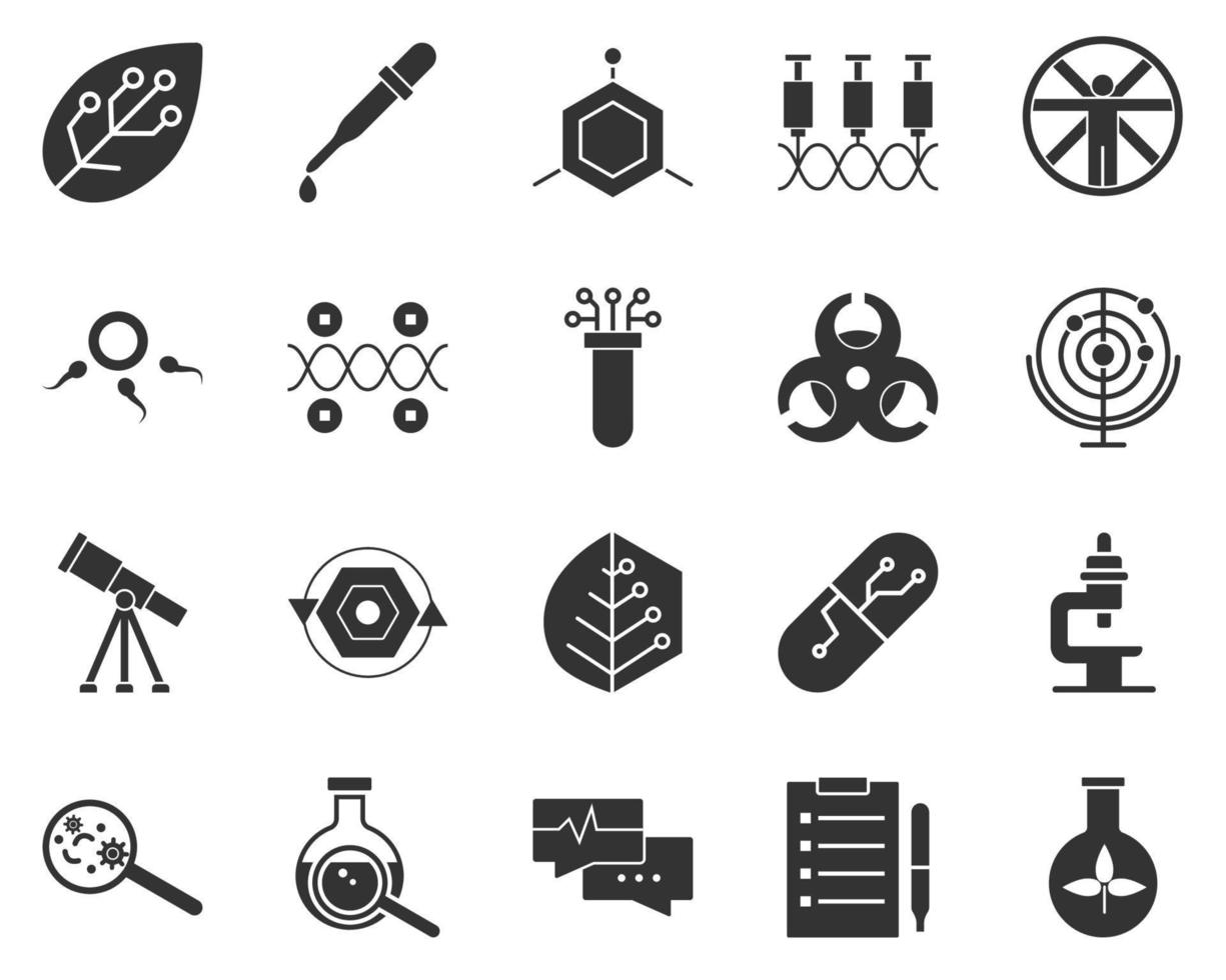 Biology, plants. Bioengineering glyph icons set. Biotechnology for health, researching, materials creating. Molecular biology, biomedical and molecular engineering . vector