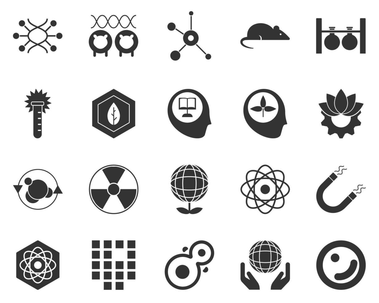 Cell, biology. Bioengineering glyph icons set. Biotechnology for health, researching, materials creating. Molecular biology, biomedical and molecular engineering . vector